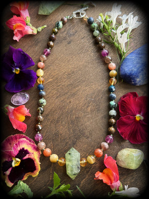 The Flames at Dusk - 16” Choker  - 8mm Citrine, Tigers Eye, Sunstone, Moonstone, Bronzite, Fluorite, African Turquoise, Apatite, Dumortierite — Prehnite Pendant