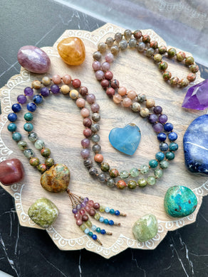 Coming Home to Yourself - Labradorite, Moonstone, Prehnite, Apatite, Amethyst, Unakite, Rose Quartz, Rhodonite, Sodalite - Green Opal Focal - 108 Mala Bead Necklace