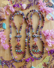 Load image into Gallery viewer, 🐇🪺 Ostara- 108 Mala Necklace - 8mm Fluorite, Rose Quartz, Tigers Eye, Rhodonite, Strawberry Quartz - Pewter Rabbit &amp; Amethyst Focal