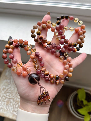 Embrace Life with Passion - 108 Gemstone Meditation Beads - Smoky Quartz Focal