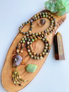 Earth Awakening - Green Opal, Tigers Eye, Petrified Wood - Ammonite Focal - 108 Mala Bead Necklace