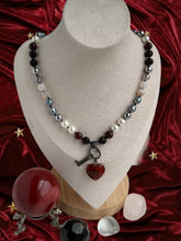 Load image into Gallery viewer, The Heartward Key - 17” Necklace - Freshwater Pearl, Garnet, Poppy Jasper, Agate, Hematite, Glass Pearl + Carnelian Heart Charm &amp; Antique Key