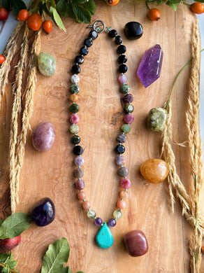 Changing Winds - 18” Faceted Tourmaline Coins + Prehnite, Moonstone, and Amethyst - Hubei Turquoise Pendant