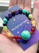 Load image into Gallery viewer, Amazonite + Rainbow Gemstone Bracelet 8mm Hessonite Garnet, Carnelian, Rhodonite, Honey Calcite, Citrine, Lime Calcite, Malachite, Amazonite, Iolite, Amethyst, Tigers Eye