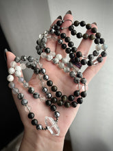 Load image into Gallery viewer, Shadow of Selene - 8mm - Labradorite, Selenite, Quartz, Gold Sheen Obsidian, Terahertz, Howlite, Snowflake Obsidian 108 Mala Necklace - Quartz Focal
