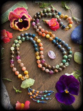 The Flames at Dusk Mala - 8mm Citrine, Tigers Eye, Sunstone, Moonstone, Bronzite, Fluorite, African Turquoise, Apatite, Dumortierite - 108 Mala Necklace - Prehnite Focal