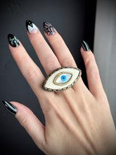 Load image into Gallery viewer, Evil Eye Tibetan Ring - Bone and Mother of Pearl - Adjustable Band fits sizes 5-15
