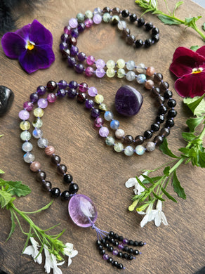 Sacred Garden - 8mm Amethyst, Purple Fluorite, Garnet, Labradorite, Moonstone, Onyx, Prehnite - 108 Mala 40” Necklace - Amethyst Focal