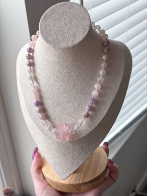RESERVED - Heart Glow 16” Choker - Mystic Rose Quartz, Aura Rose Quartz, Natural Rose Quartz, Mystic Amethyst - Rose Quartz Point Pendant
