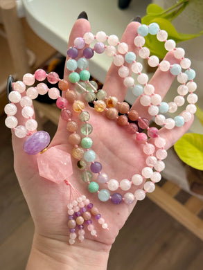 Bloom Alchemy - 8mm -Pastel Gemstone Rainbow, Aquamarine, Rainbow Moonstone - 108 Mala Necklace - Amethyst & Rose Quartz Focal