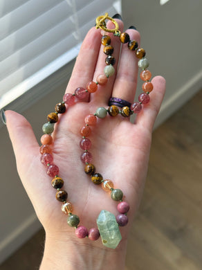 Kind Heart - 16” Choker  - 8mm - Sunstone, Rhodonite, Seaweed Quartz, Tigers Eye, Strawberry Quartz, Sunstone, Aura Quartz - Prehnite Point Focal