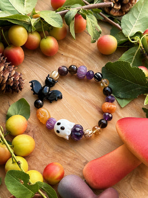 Haunted Harvest Bracelet - Amethyst Pumpkins, Red Aventurine Skull, Carnelian Skull, Ghost & Bat Gemstone Bracelet