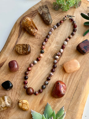 Dragon’s Breath - 16” Choker - Crazy Lace Agate - Petrified Wood Pendant