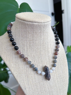 It’s Only a Phase - 15” Choker - Moonstone + Sunstone + Silver Obsidian + Labradorite - Black Moonstone Pendant