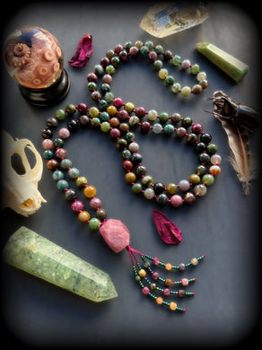 Optimistic & Powerful - 8mm Multicolor Tourmaline + Faceted Indian Agate - Ruby Focal - 108 Mala Bead Necklace