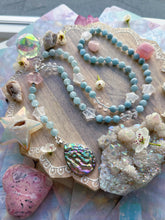 Load image into Gallery viewer, Gates of Atlantis - Abalone Shell + Rose Quartz + Quartz Stars + Aquamarine - Knotted Lariat Necklace