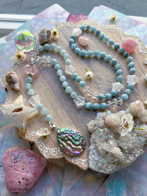 Gates of Atlantis - Abalone Shell + Rose Quartz + Quartz Stars + Aquamarine - Knotted Lariat Necklace