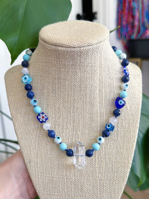 Mystic Eye - 16” Choker - Lapis Lazuli + Evil Eye + Moonstone + Blue Howlite - Quartz Pendant