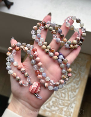 Amplified Intuition  - 108  Pink Rhodochrosite, AAA Faceted Quartz, Honey Brown Rhodochrosite, Iolite, White Moonstone & Grey Sunstone Gemstone Meditation Beads - AAA Rhodochrosite Heart Focal