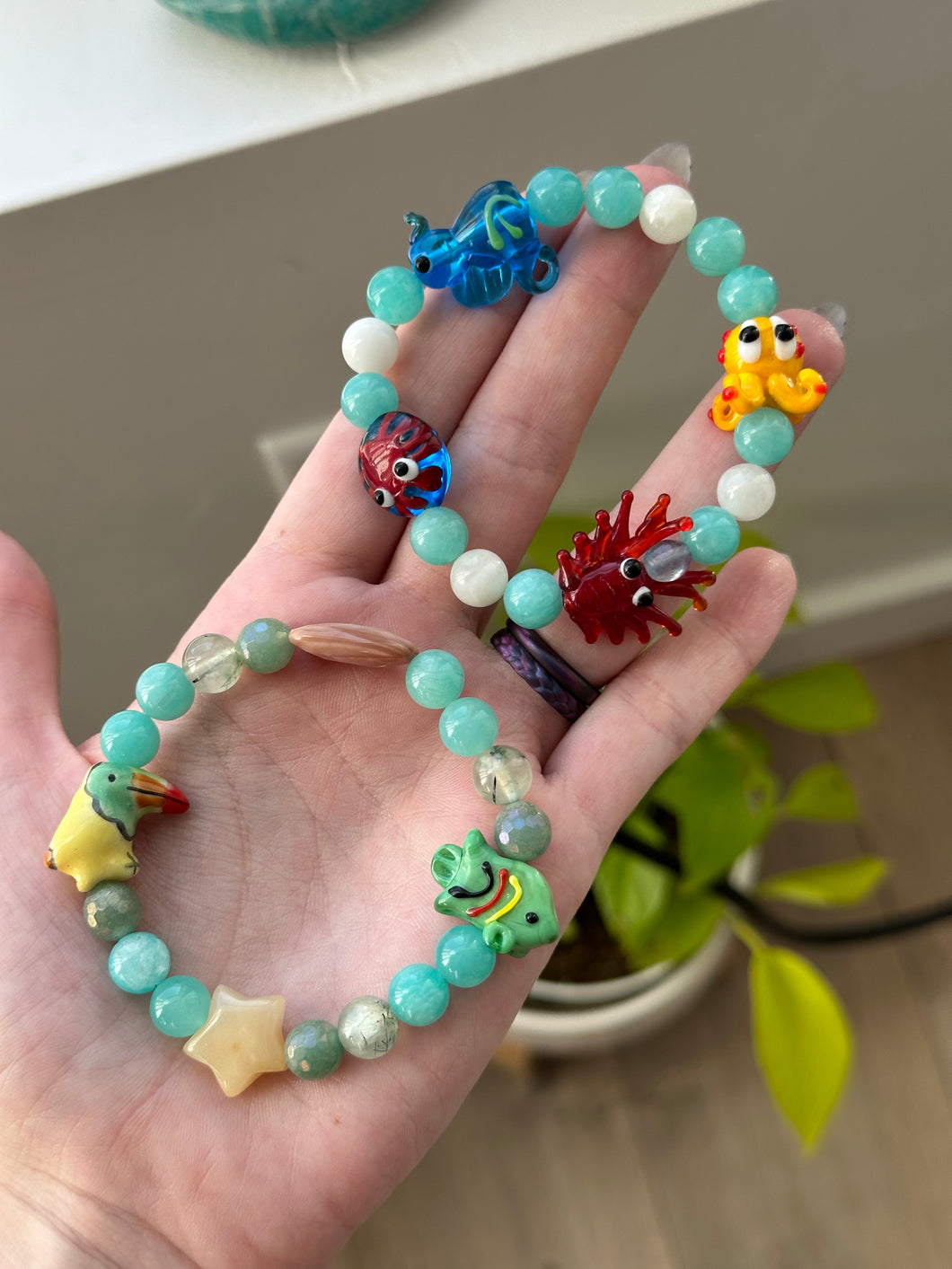 RESERVED (5) Lampwork glass critters + 8mm gemstone bracelets