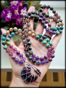 The Oracle Mala - 8mm - Amethyst, Phosphosiderite, African Turquoise, Apatite, Moonstone, Ice Obsidian, Snowflake Obsidian, Purple Fluorite, Larvikite - 108 Mala Necklace - Fluorite Moon Focal