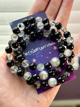Load image into Gallery viewer, Full Moon Bracelet - 8mm Tourmalinated Quartz + Onyx + Resin Full Moon - Stretch Mala Bracelet