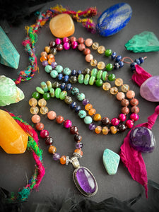 Auric Ascension - 8mm - Lapis Lazuli, Chrysoprase, Amethyst, Carnelian, Tigers Eye, Citrine, Moonstone, Jade, 108 Mala Necklace - Tibetan Amethyst Focal