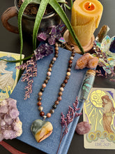 Load image into Gallery viewer, Heart Wisdom- 18” Necklace - 8mm Petrified Wood + Carved Polychrome Jasper Heart