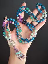 Load image into Gallery viewer, Mystic Tides - 8mm - Apatite, Kunzite, Phosphosiderite, Amethyst, Aura Quartz, Dumortierite, Amazonite, Aqumarine, Agate - 108 Mala Necklace - Rainbow Fluorite Focal