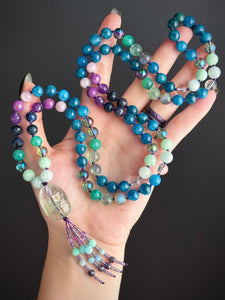 Mystic Tides - 8mm - Apatite, Kunzite, Phosphosiderite, Amethyst, Aura Quartz, Dumortierite, Amazonite, Aqumarine, Agate - 108 Mala Necklace - Rainbow Fluorite Focal