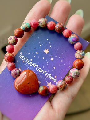 Spread Tha Love - Red Jasper Heart Focal + Sea Sediment Jasper + Brazilian Rhodonite  - 6-8mm Gemstone Bracelet