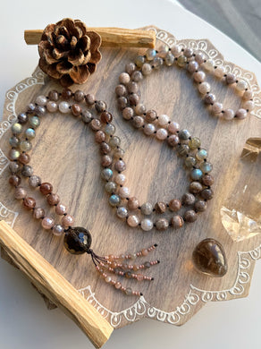 Clear Mind // Positive Thoughts -  108 Mala Bead Necklace - Brown Sunstone, Labradorite,  Mystic Lavender Quartz, Smoky Quartz Focal - Beaded Tassel