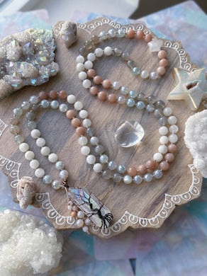 Kiss of the Moon - Moonstone + Mystic Agate - 108 Mala Necklace - Aura Quartz Focal