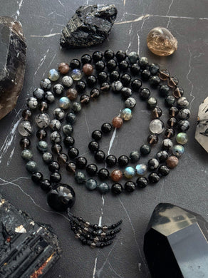 New Moon Mala - 8mm - Labradorite, Snowflake Obsidian, Eagle Eye, Black Moonstone, Tourmalated Quartz, Onyx, Smoky Obsidian, - 108 Mala Necklace - Tigers Eye Focal