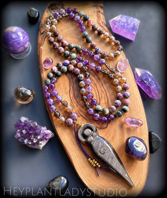 Goddess Magic - Charoite, Amethyst, Aura Amethyst, Smoky Quartz, Eagle Eye, Mystic Agate - 108 Mala Necklace - 24K Gold Overlay Silver Obsidian Goddess