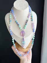 Load image into Gallery viewer, Iridescent Oracle - 8mm - Aura Quartz, Amazonite, Brecciated Jasper, Aura Amethyst, Mystic Blue Agate - 108 Mala Necklace - Amethyst Focal