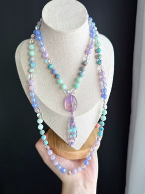 Iridescent Oracle - 8mm - Aura Quartz, Amazonite, Brecciated Jasper, Aura Amethyst, Mystic Blue Agate - 108 Mala Necklace - Amethyst Focal
