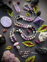 Load image into Gallery viewer, Sanctuary of Stillness - 8mm Lepidolite, Hessonite Garnet, Gray Chalcedony, Silver Aura Quartz, Selenite, Tourmalated Quartz, Terahertz - 108 Mala Necklace - Lepidolite &amp; Tourmaline Quartz focal- Gemstone Beaded Tassel