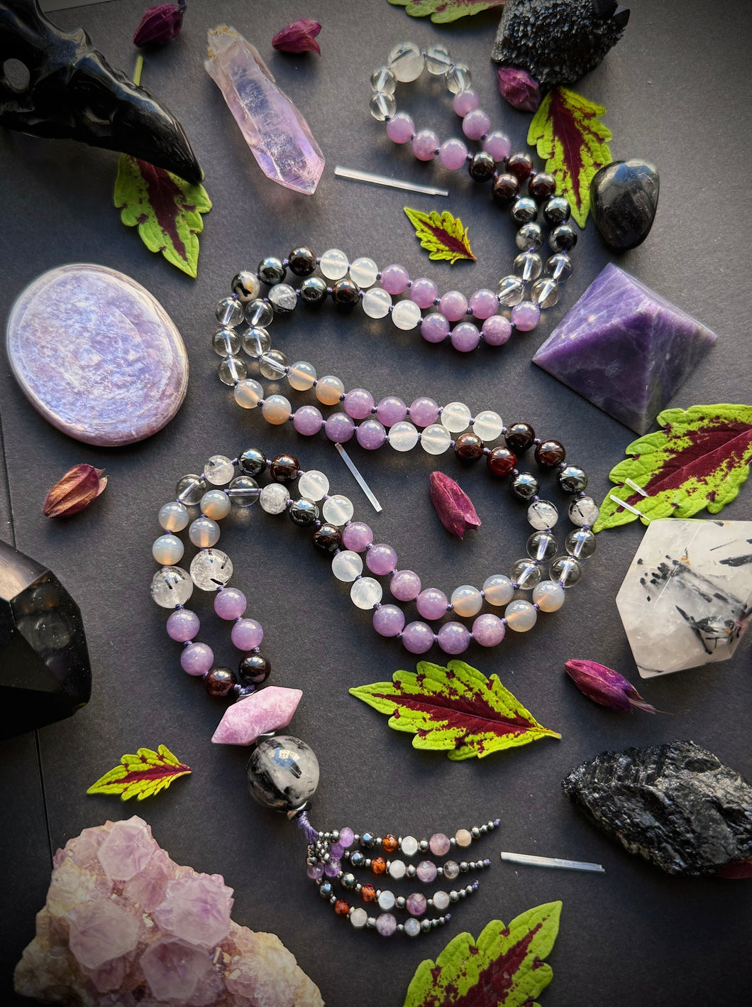 Sanctuary of Stillness - 8mm Lepidolite, Hessonite Garnet, Gray Chalcedony, Silver Aura Quartz, Selenite, Tourmalated Quartz, Terahertz - 108 Mala Necklace - Lepidolite & Tourmaline Quartz focal- Gemstone Beaded Tassel