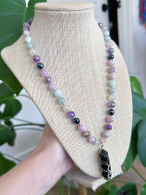 The Willow Fairy - 19” Necklace - 8mm Kunzite + Mystic Amethyst + Mystic Golden/Pink Healer + Mystic Lavender Amethyst + Mystic Aquamarine + Green Moonstone - Obsidian Tree of Life Pendant