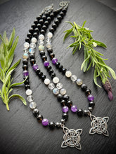 Load image into Gallery viewer, Witch’s Knot Protection Necklace 18” Onyx, Amethyst, Indigo Gabbro, Moonstone, Hematite, Labradorite, Clear Quartz, Smoky Quartz