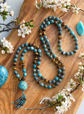 Strength of Serenity - Calsilica Jasper, Tigers Eye - 108 Mala 40” Necklace - Calsilica Jasper Focal
