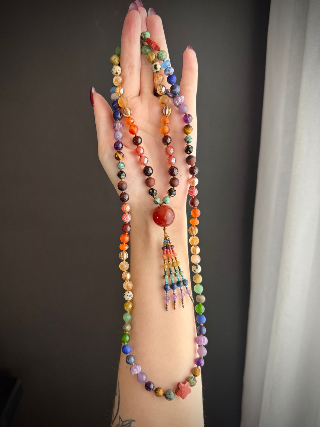 Reserved - Autumn Rainbow 🍂🍁🌈 - 8mm - Rainbow Gemstone 108 Mala Necklace - Red Carnelian Focal - Rainbow Beaded Tassel