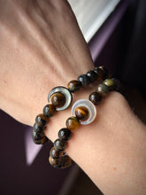 Load image into Gallery viewer, Golden Eclipse Bracelet - 8mm Tigers Eye + Mother of Pearl Moon - Stretch Mala Bracelet