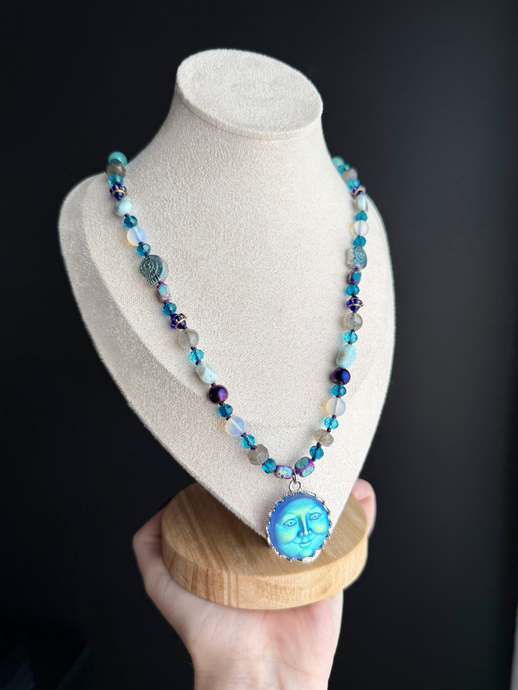 RESERVED 19.5” Necklace -Larimar, Labradorite, Aura Quartz, Opalite, Crystal, Jasper, Glass Accents - Moon Pendant