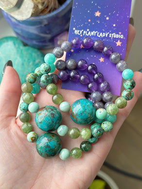 Finding the Flow - Chrysocolla + 8mm Robins Egg Aqua Terra Agate, Green Apatite, African Turquoise, Amazonite, Amethyst Gemstone Bracelet