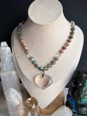 Heart Alchemy - 16” Choker  - 8mm - Mystic Moonstone, Labradorite, Clear Quartz - Smoky Quartz Heart Focal