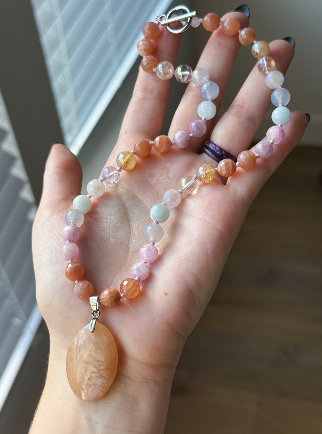 Joy in Bloom - 16” Choker  - 8mm - Peach Moonstone, Kunzite, Aquamarine, Aura Citrine, Aura Rose Quartz, Aura Quartz, Blue Chalcedony - Peach Moonstone Focal