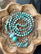 Load image into Gallery viewer, Celestial Current - 8mm Labradorite, Aquamarine, Amazonite 108 Mala Necklace - Aquamarine + Amazonite Focal ***read listing***