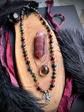 Load image into Gallery viewer, Ember Dragon - 21” Necklace 8mm Garnet, Dragons blood Jasper, Pyrite, Czech Glass + 925 Sterling Dragon Focal